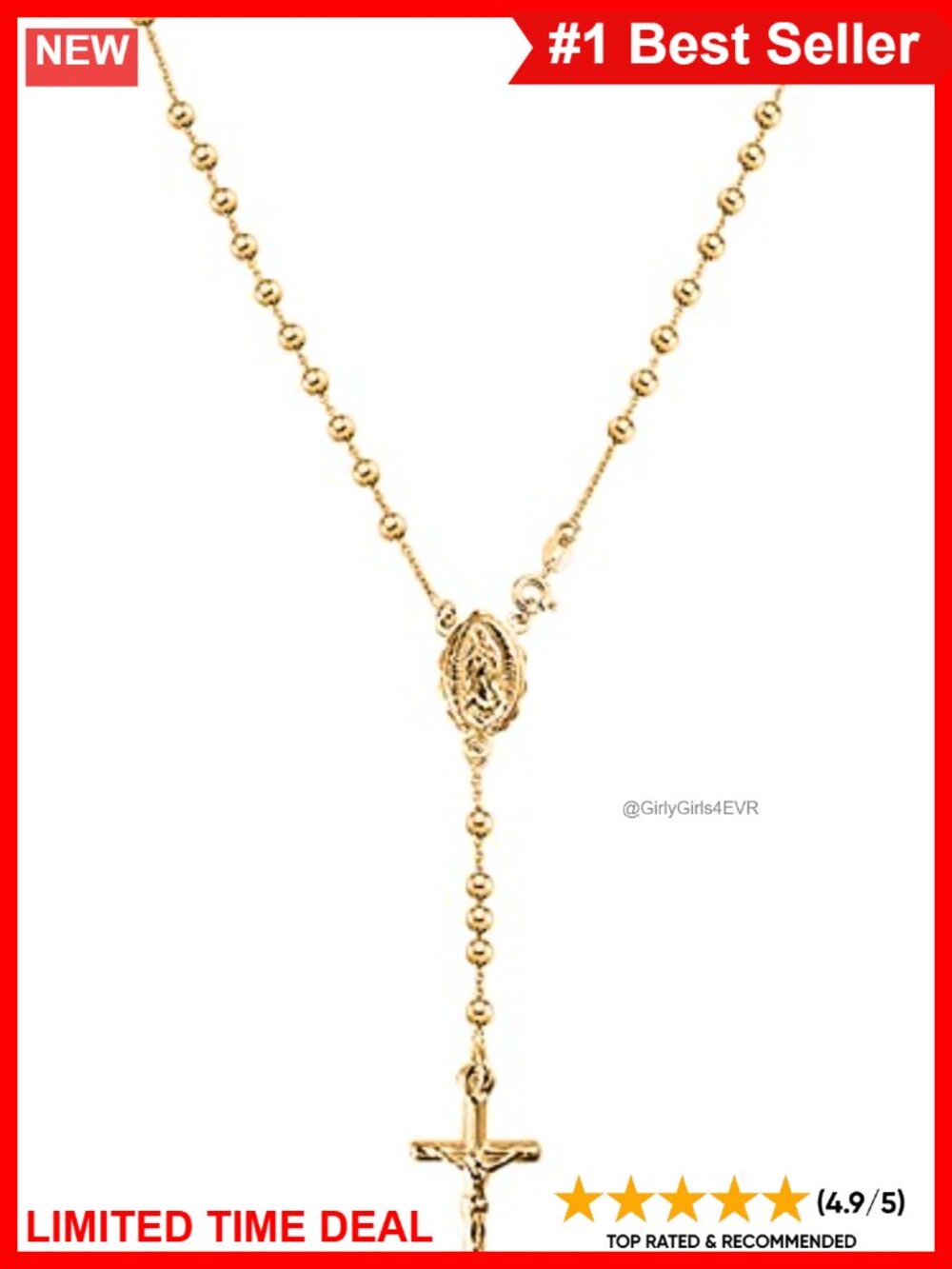 925 Sterling Silver 18K Gold Plated Italian Bead Chain Cross Rosary Necklace